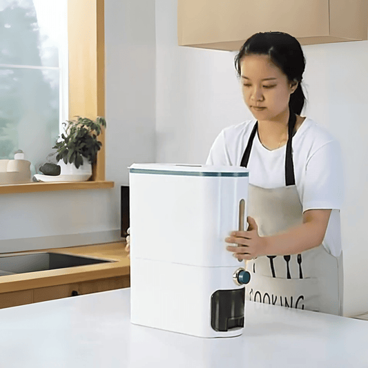 علبة تخزين الأرز الذكية للمطبخ مع فتحة توزيع محكمة الاغلاق