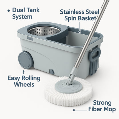 Dual Tank Spin Mop with Stainless Steel Drying Basket