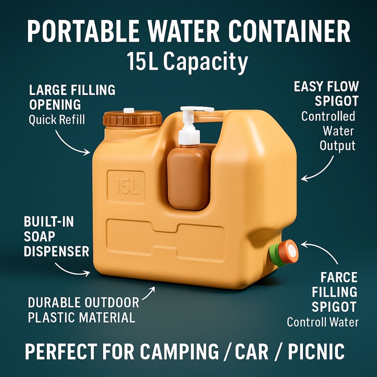 Portable Water Container with Hand Wash Dispenser – 15L