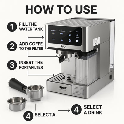 RAF Automatic Espresso Coffee Machine – 1350W, Dual Boiler, 1.8L