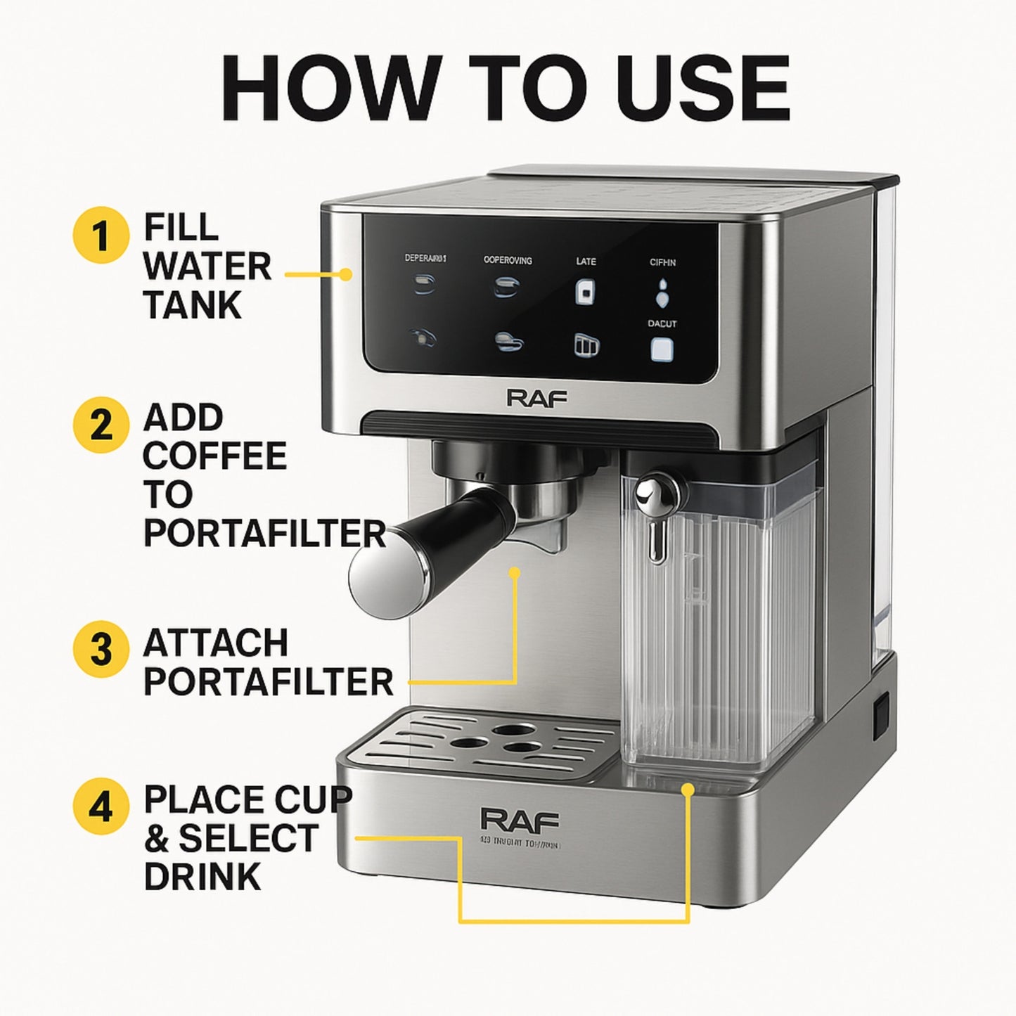 RAF Automatic Espresso Coffee Machine – 1350W, Dual Boiler, 1.8L