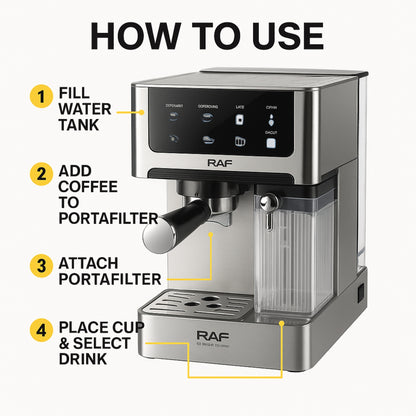 RAF Automatic Espresso Coffee Machine – 1350W, Dual Boiler, 1.8L