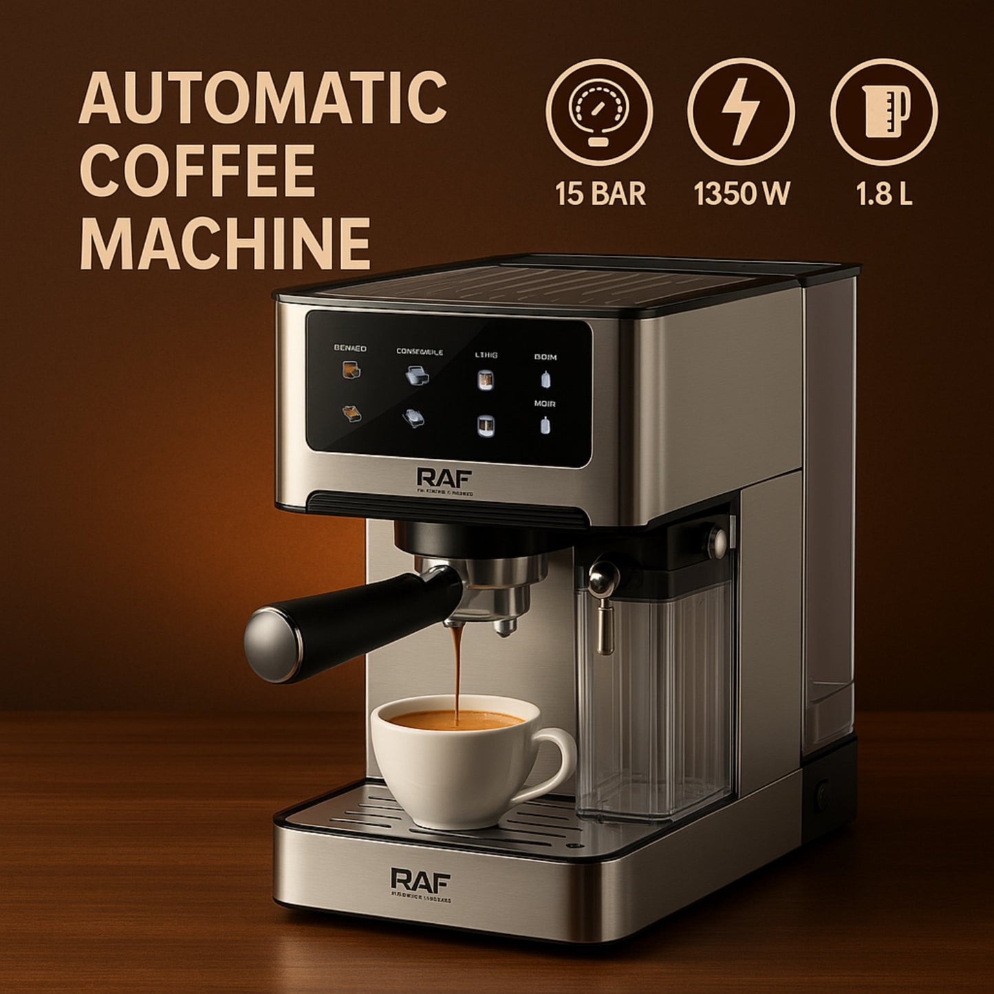RAF Automatic Espresso Coffee Machine – 1350W, Dual Boiler, 1.8L